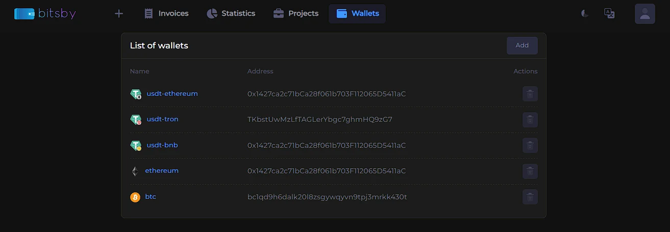 Table of connected wallets: name, address, and a delete button