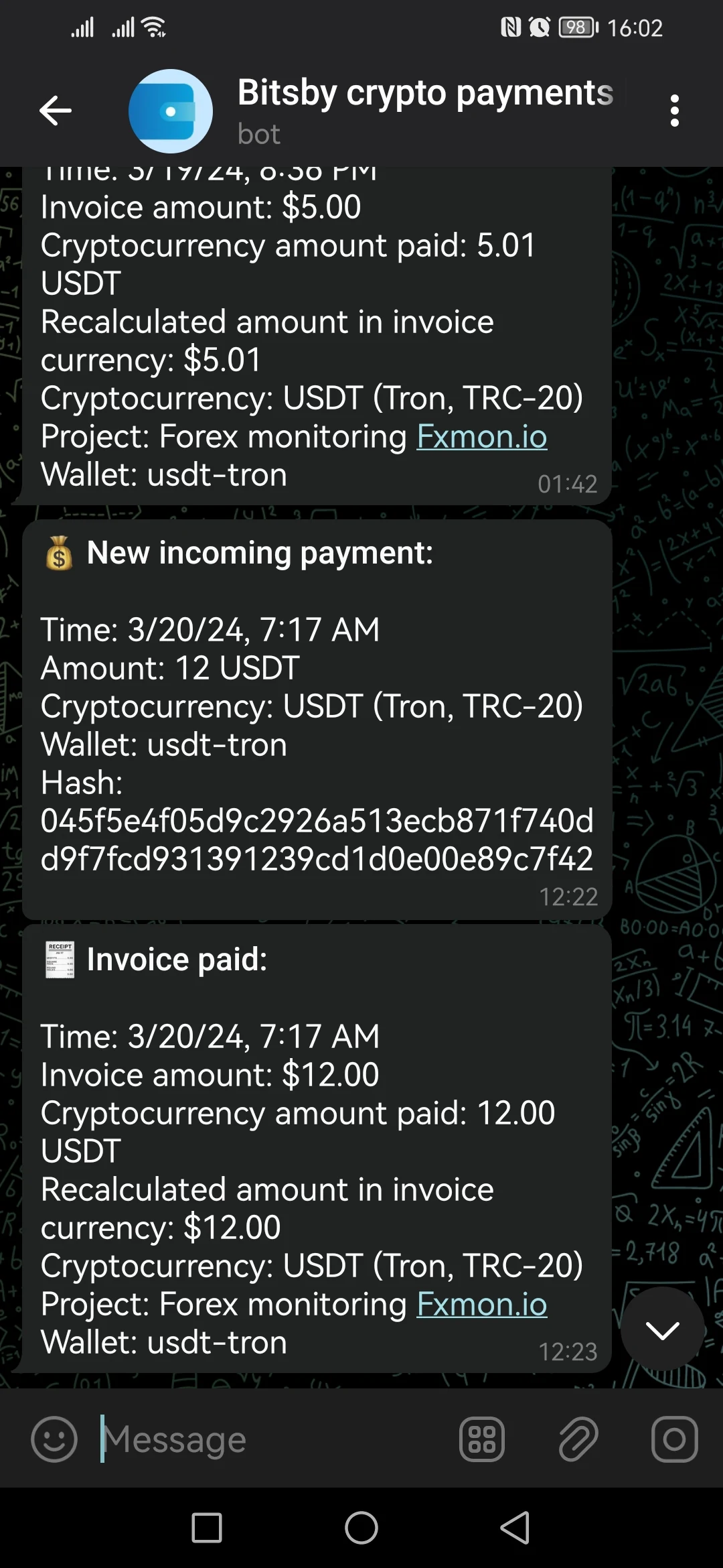 Telegram bot notifications about an incoming payment and a paid invoice