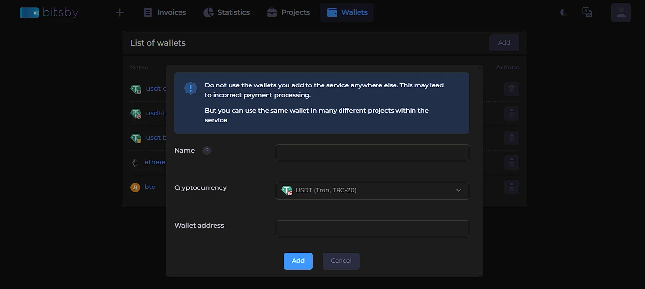Add wallet form: name, cryptocurrency, and address fields