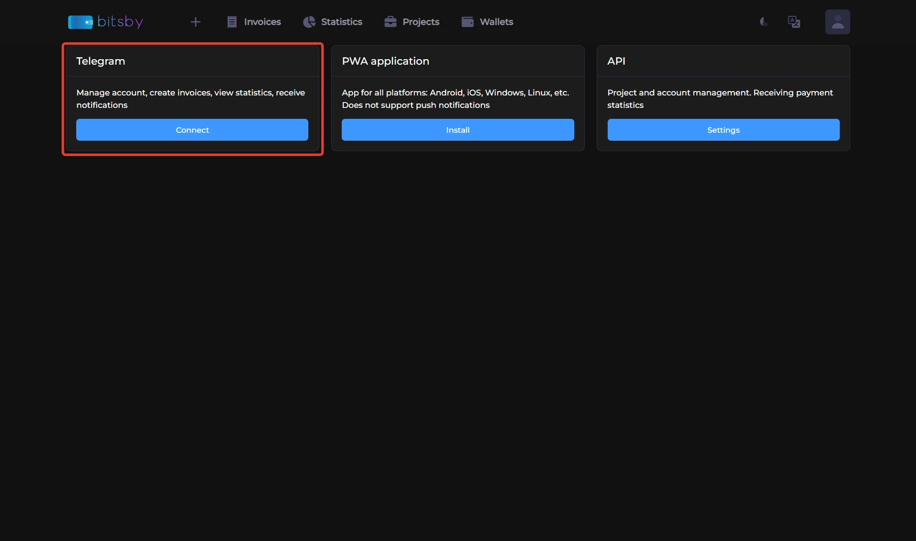 Settings section: the Telegram card with a connect button, next to the PWA app and the API