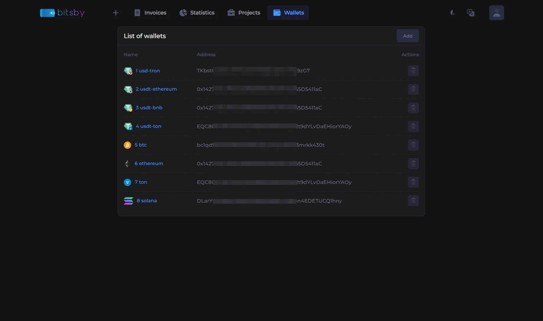 List of wallets in the dashboard: names start with a numeric index from 1 to 8