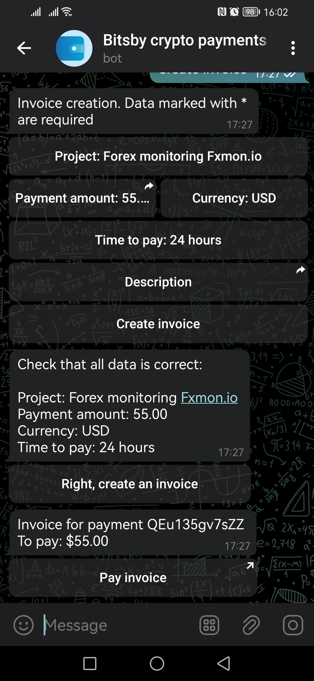 Creating an invoice in the Telegram bot: invoice parameters, data review, and the payment link