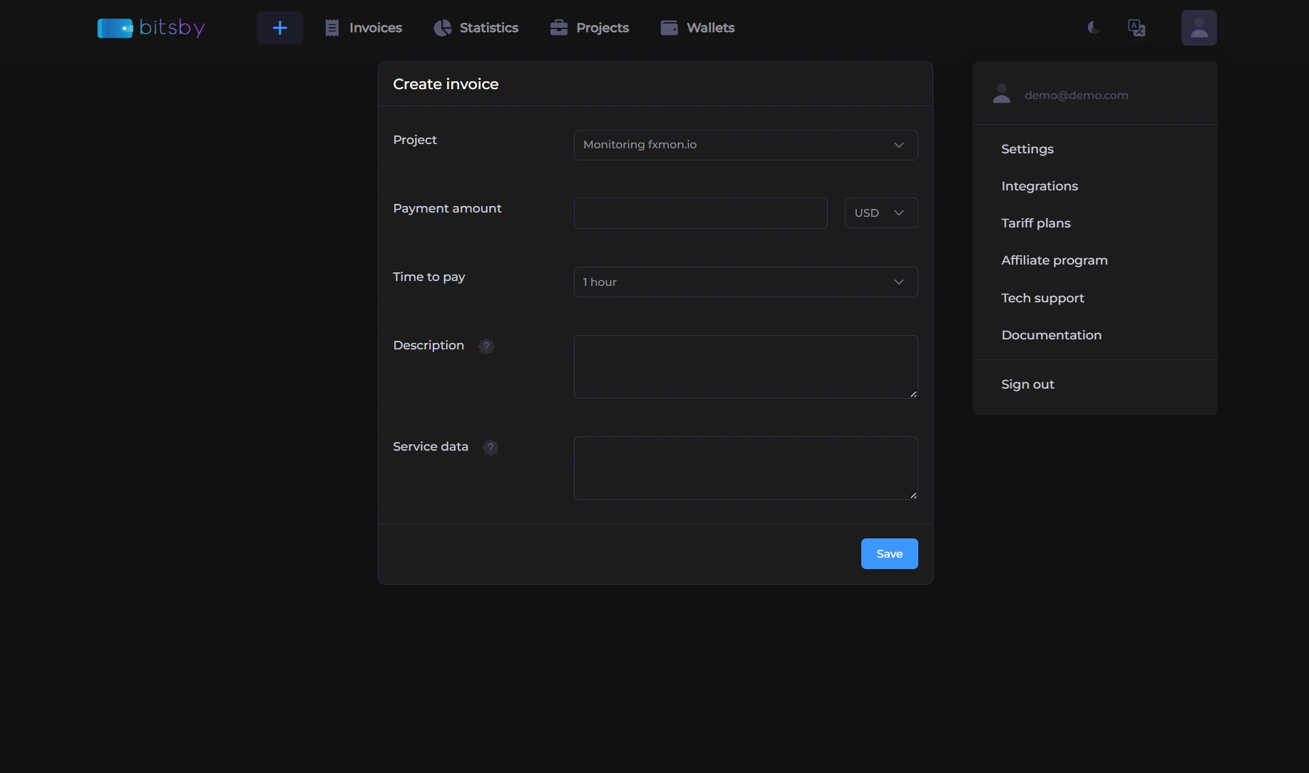 Profile menu in the dashboard: the settings item where Telegram is connected