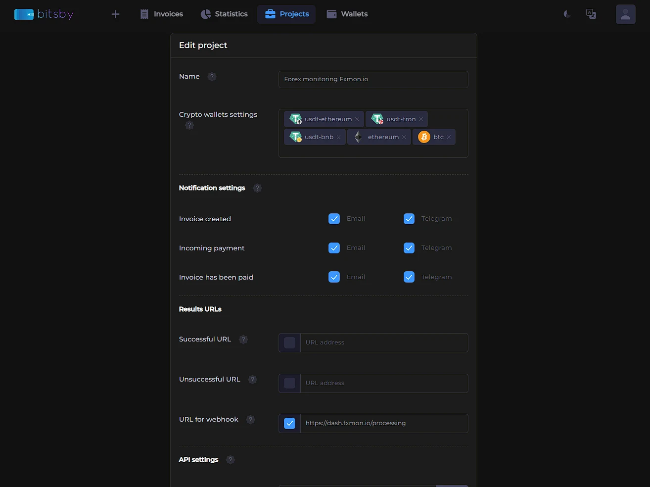 Project settings: wallets, email and Telegram notifications, customer return URLs, and the Webhook URL