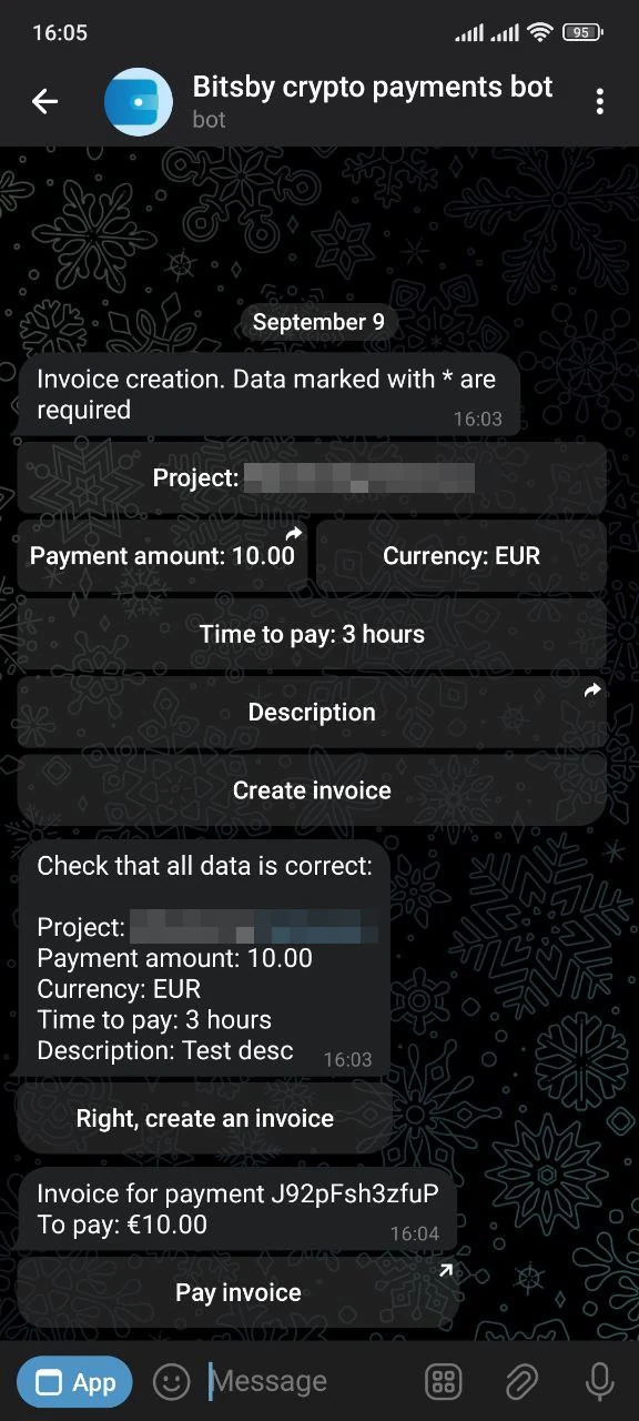 Диалог создания счета в Telegram-боте: бот запрашивает проект, сумму и срок оплаты, в конце выдает ссылку